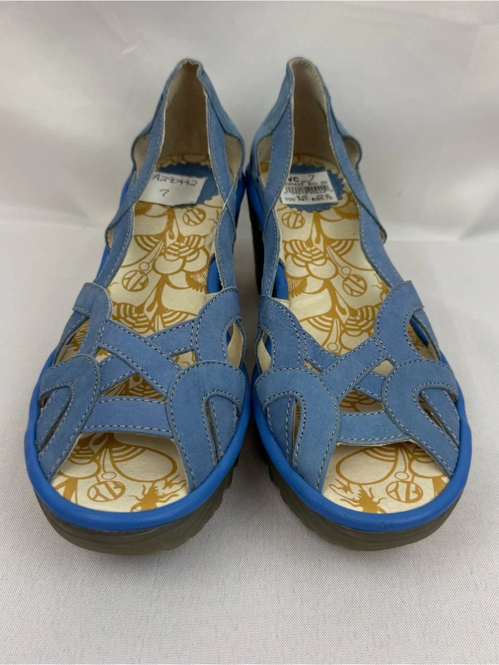 NWOB Fly London Yadi Blue Leather Peep-Toe Slip-On 2.5 Wedge Sandals EU37 US7